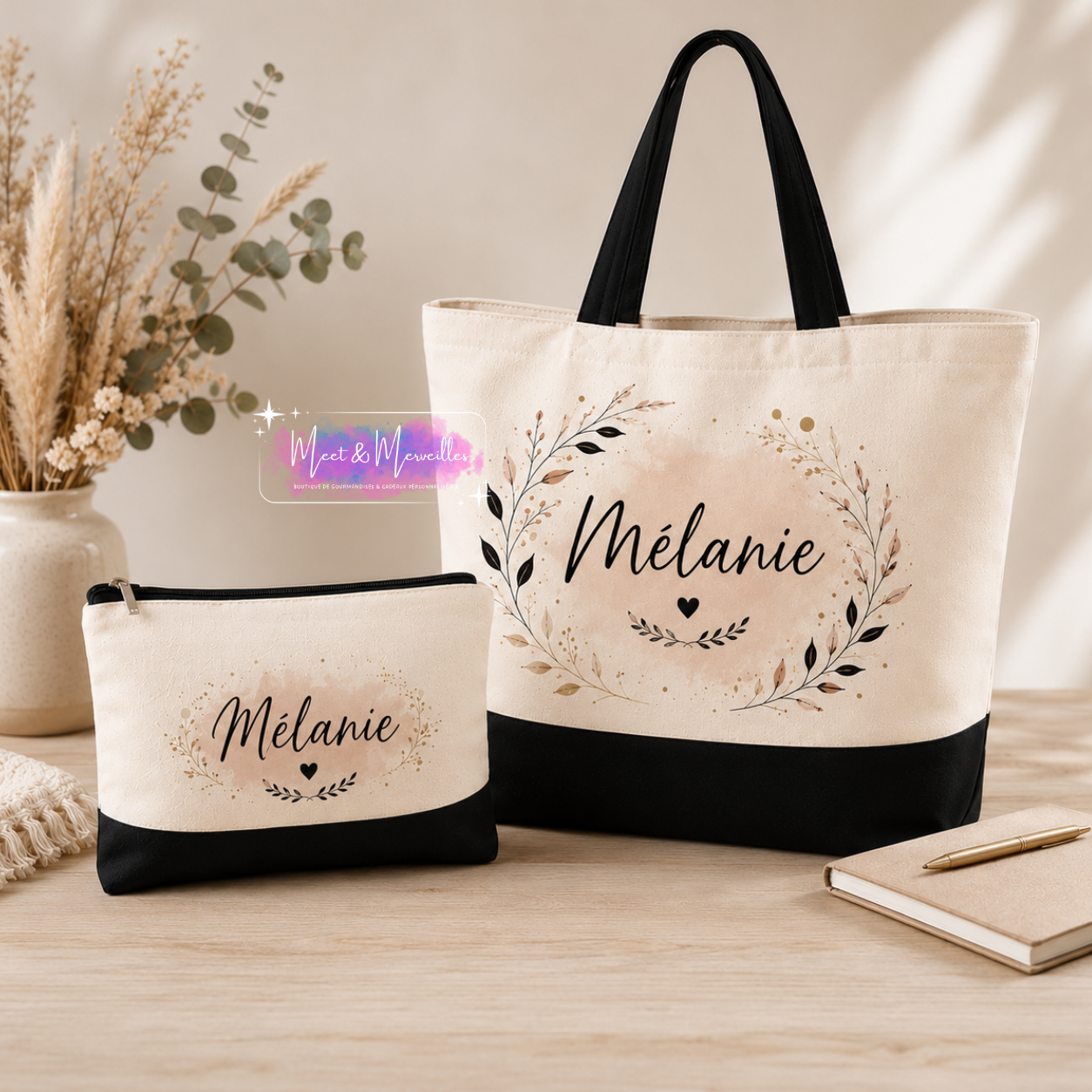 Ensemble Tote Bag & Trousse personnalisés – Prénom & design au choix