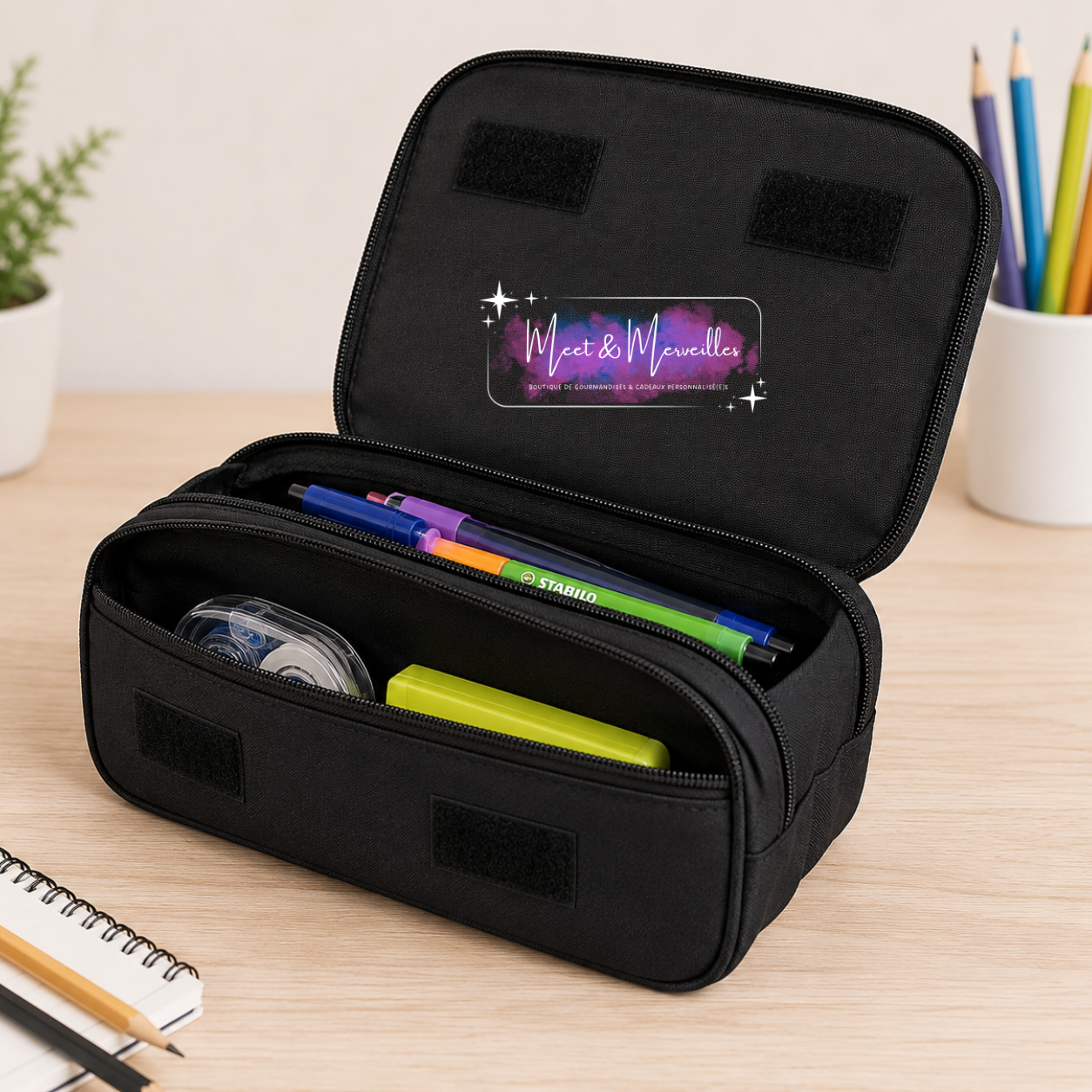 Trousse double compartiment personnalisée – Prénom & thème au choix