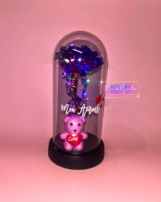 Ourson sous cloche LED personnalisé – Rose lumineuse