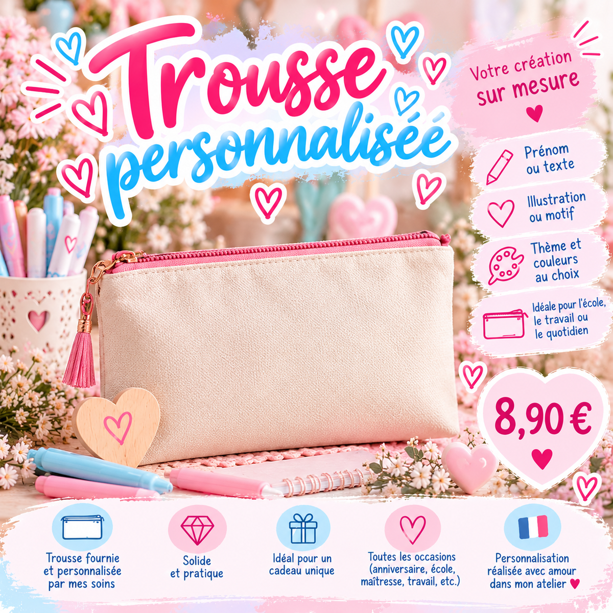 Trousse personnalisée – Prénom, texte ou création sur mesure