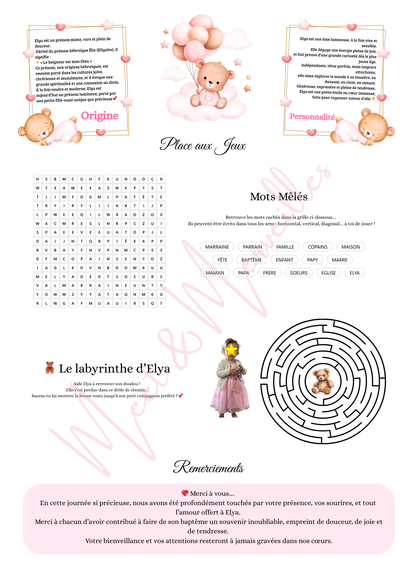 Gazette de baptême personnalisée – Souvenir original & jeux pour invités