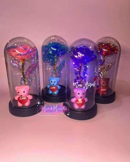 Ourson sous cloche LED personnalisé – Rose lumineuse