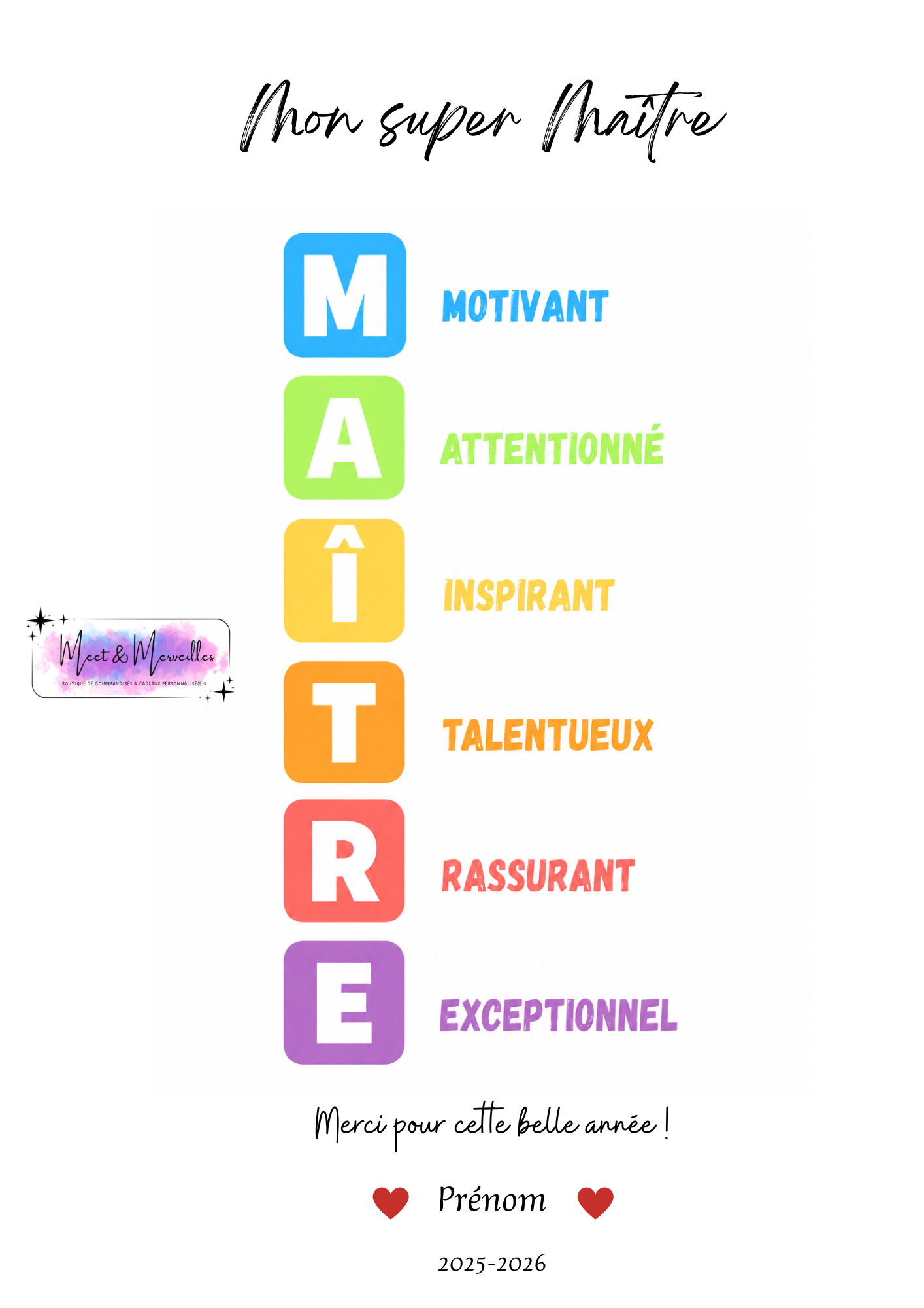 Affiche Personnalisée "Mon Super Maître / Maîtresse / AESH / ATSEM"