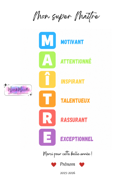 Affiche Personnalisée "Mon Super Maître / Maîtresse / AESH / ATSEM"