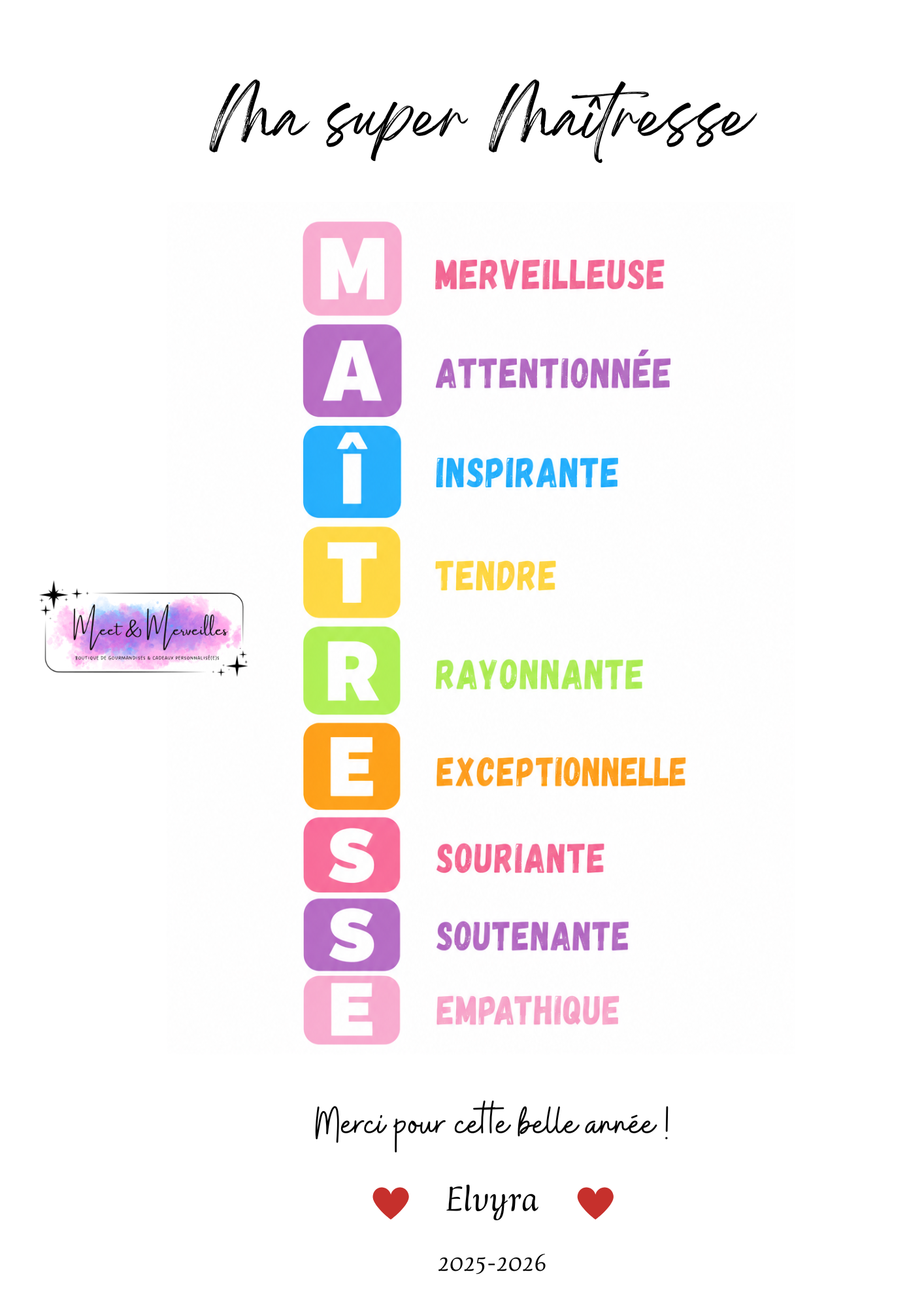 Affiche Personnalisée "Mon Super Maître / Maîtresse / AESH / ATSEM"