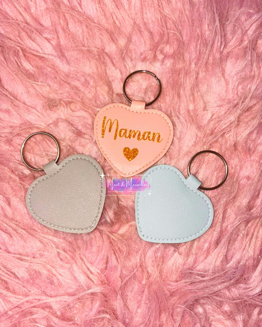 Porte-clé cœur personnalisé en simili cuir – Cadeau maman original